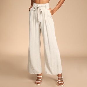 Lulus Trend Alert Beige Belted High-waisted Wide-leg Pants - Size L